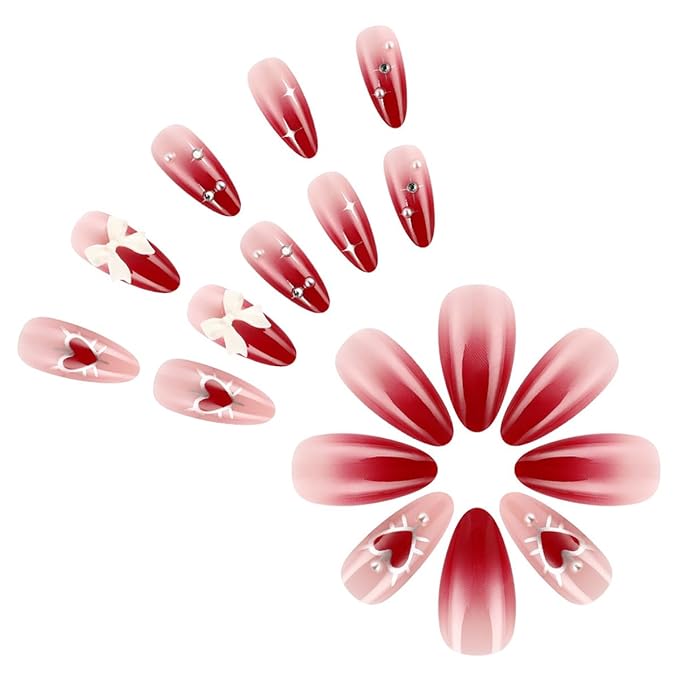 Valentines Press on Nails - Short Almond Nails Press ons with Bow Charms & Heart & Star & Rhinestones Designs, Glossy Acrylic Full Cover Cute Stick on Nails for Women Manicure 24Pcs