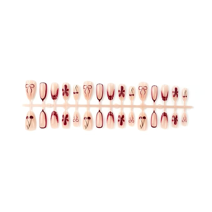 Flower Press on Nails Medium Almond Fake Nails French Tip Nails Press Ons Nude Purple False Nails Bow Glue on Nail Glossy Full Cover Stick on Nail for Women Decorations Set 24Pcs