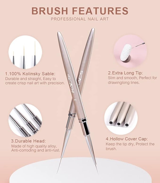 100% Kolinsky Sable Nail Art Striping Brush Liner Pen for Nail Art Design Drawing Painting Professional Manicure Tool for Salon&DIY (Liner Brush 2#)