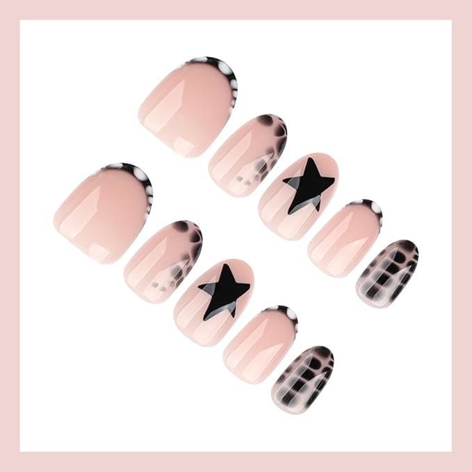 Oval Press on Nails Short Fake Nails Black Star Nails Press ons with Crocodile Print Design French Tip False Nails Glossy Acrylic Full Cover Reusable Stick on Nail for Women Manicure 24Pcs