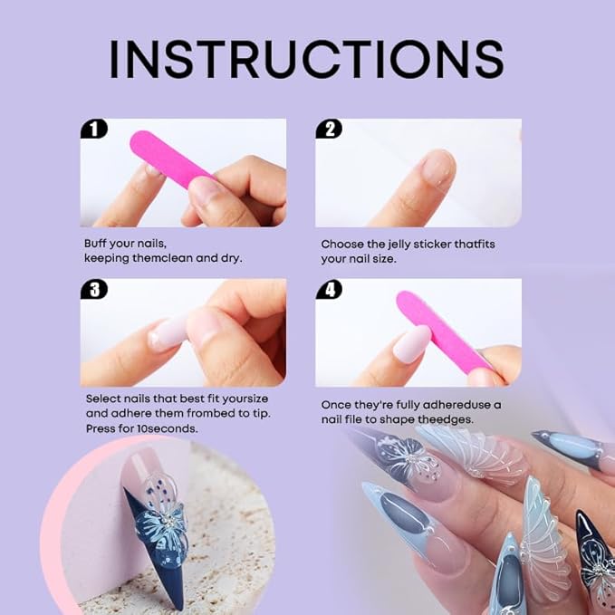 Press on Nails, 3D Blue Wing Design Long Stiletto False Nails with Rhinestone Decor, Reusable Artificial Nail Set for Women (24 Pcs)
