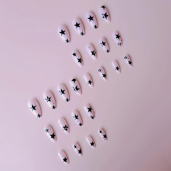 Black Star Press on Nails Medium Almond Fake Nails Nude Pink with Rhinestone Design Stick on Nails Full Cover Acrylic Nails Star False Nails Glitter Luxury Glue on Nails for Women DIY Manicure 24Pcs