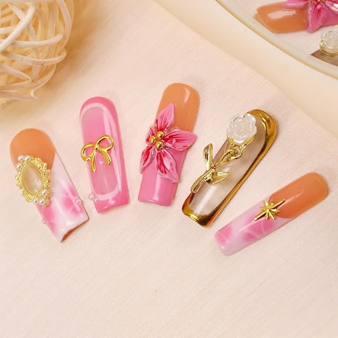 Handmade Press on Nails Long Square Fake Nails French False Nails with Golden Rose & 3D Flower Luxury Pearl Bow Thickened Acrylic Nails Design Full Cover Flower Press on Nail for Women Nail Art（S)