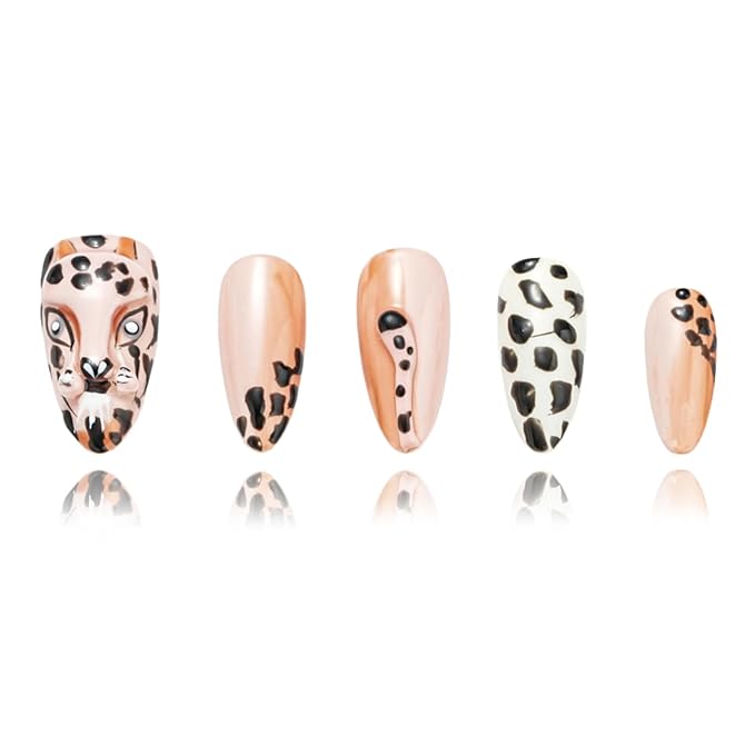 FORBELOVED NAILS,Nude Hand-pained Leopard Handmade Press On Nails,Medium Almond Glue On Nails,Charming 3D Texture Tails False Nails For Women And Girls,10Pcs/Set With Glue,(Nude-M),FOB