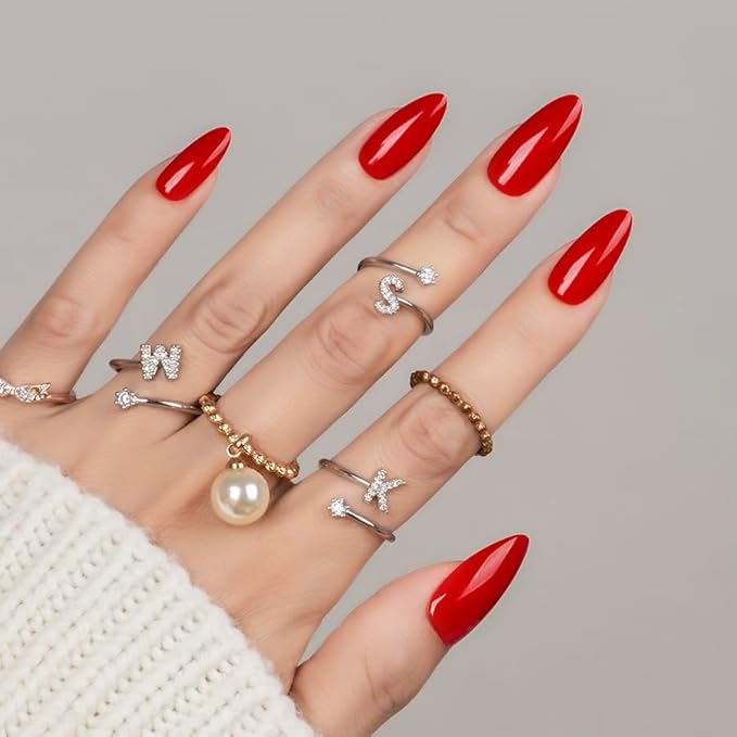 30Pcs Almond Press On Nails - Supremely Fit & Natural Soft Gel Almond Nails,15 Sizes, Reusable Fake Nails Kit with Gift Box for Women (Warm Red)