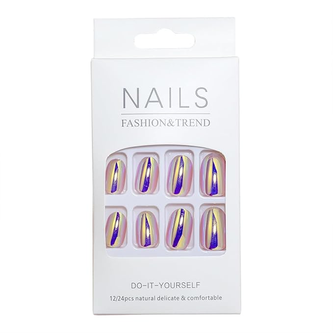 Press on Nails Short Oval Fake Nails Purple Metal Chrome False Nails with Glossy Holographic Gradient Acrylic Nails Shiny Full Cover Glue on Nail for Women Manicure 24Pcs