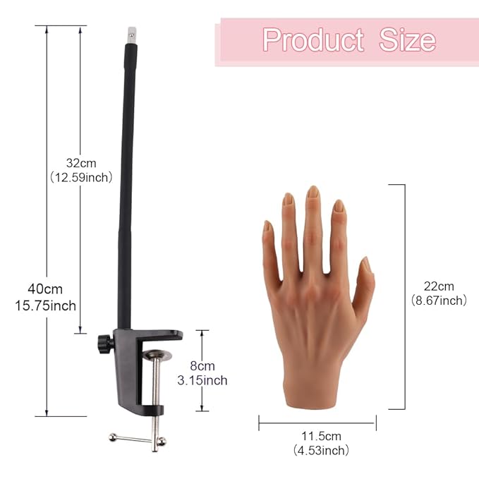Silicone Practice Hand for Acrylic Nails, Mannequin Hands for Nails Practice with Adjustable Bracket, Life Size Fake Hand for DIY Nails/Nail Art Beginners/Nail Salon Artists