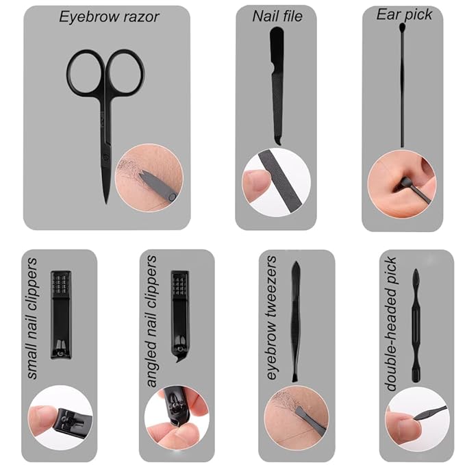 NOVANO Professional 7-in-1 Manicure Pedicure Set, Stainless Steel Nail Clipper Kit for Men Women, Sharp Grooming Tools with Portable Leather Travel Case - Ideal Gift (Black)