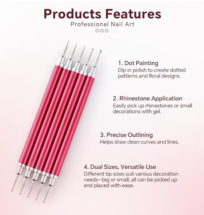 5Pcs Nail Art Dotting Tool Set Double-Ended Dotting Pens & Embossing Stylus for Gel & Acrylic Nails Manicure Brush for Nail Design, Painting, Sculpting & DIY Decorations (Red)