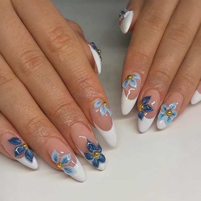 3D Press on Nails Short Almond with Blue Flower Design, Pink Nail White Tip Press ons Glossy Stick on Nails for Women with Kit, Reusable Soft Gel Stick on Cute Fake Nail with Designs Perfectly Fit