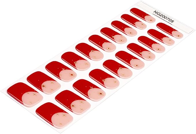 Semi Cured Gel Nail Strips - 20Pcs Red French Tip UV Gel Nail Wraps with Gold Star Design, Long Lasting Salon-Quality Stickers, Includes Nails File & Wooden Stick - UV/LED Lamp Required