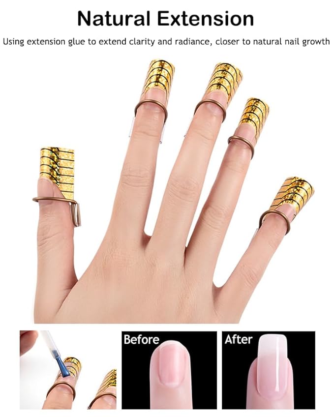 AKOAK 10 Pieces Reusable UV gel Acrylic Nail Art Tips Extension Guidance Form Tool, Nail Extension Metal Aluminum Holder, Nail Salon Home Accessories (Gold)
