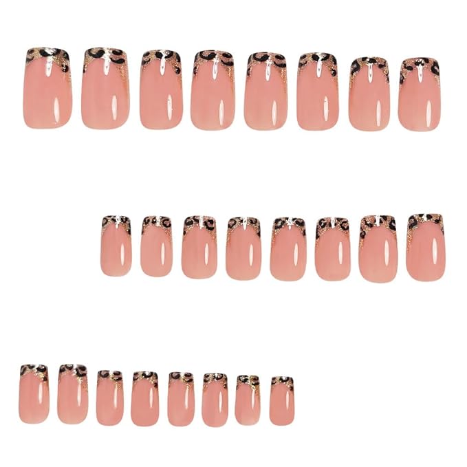 French Tip Press on Nails Short Square Fake Nails with Leopard Print Designs Glossy Glue on Acrylic Nails Nude Pink False Nail Press ons for Women 24Pcs