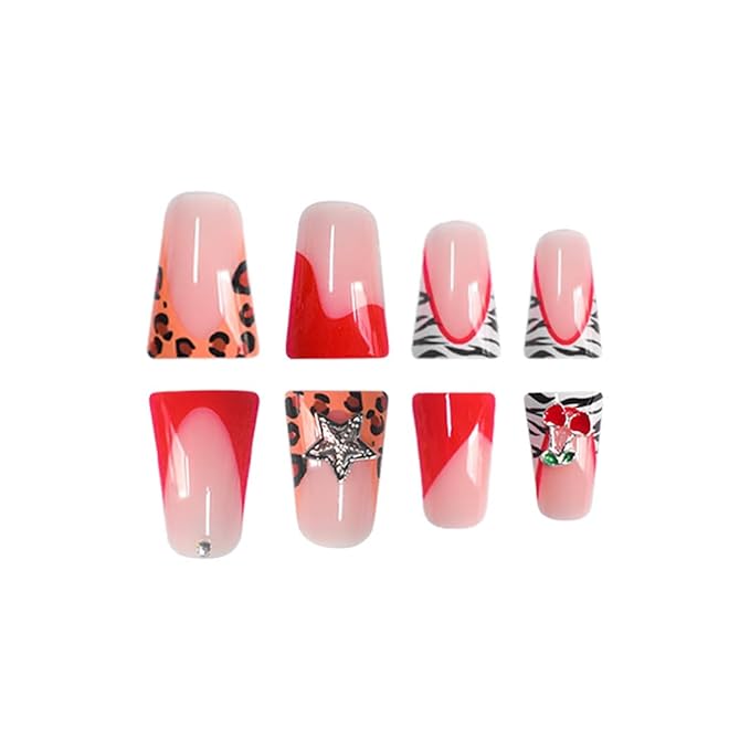 Red French Tip Glue On Nails Leopard Print 24Pcs Glossy Reusable Artificial Acrylic Full Cover False Nails
