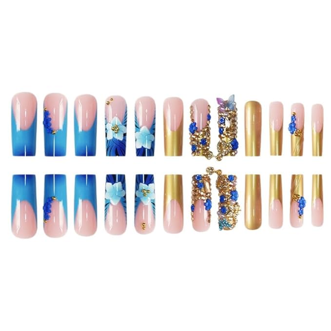 Long Square Press on Nails,Handmade Acrylic Press on Nails with Designs，Long Press on Nail for Women 24pcs