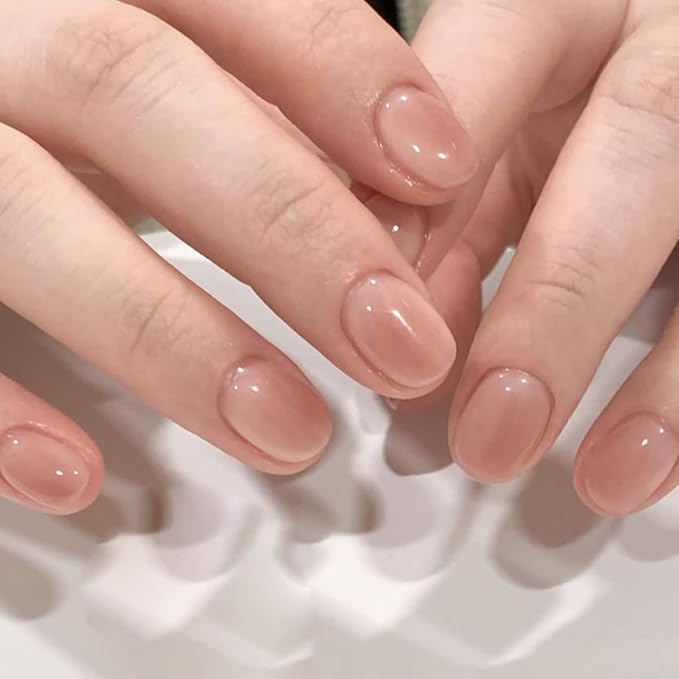 Jelly Press on Nails Short Squoval Fake Nails Pink Nails Press ons with Design Full Cover Stick on Nails for Women Manicure,Reusable | Artificial | Glue Tabs | Easy Apply | 24Pcs