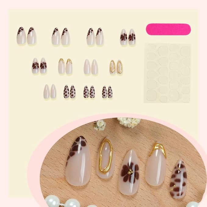 Press on Nails Almond Painted Flowers French Fake Nails French Fake Reusable Nail Kit with Nail Glue Adhesive Tabs Mini Nail File for Women Manicure Art Decoration 24PCS