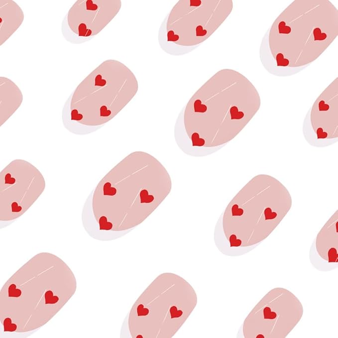 Short Press Almond White French Tip False Nails with Red Heart Design - Glue on Glossy Full Cover Stick on Nails 24Pcs