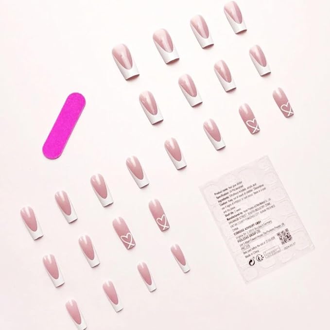 White French Tip Press on Nails Coffin Medium With Heart Design Glue on Glossy Full Cover Cute Acrylic for Women Manicure Kit 24Pcs