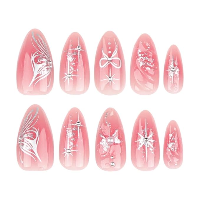 Pink Press on Nails Medium Almond Fake Nails with Pearl Bow Charm Design Silver Star False Nails 3D Water Ripple Glue on Nails Reusable Glossy Glitter Summer Stick on Nails for Women Manicure 24Pcs