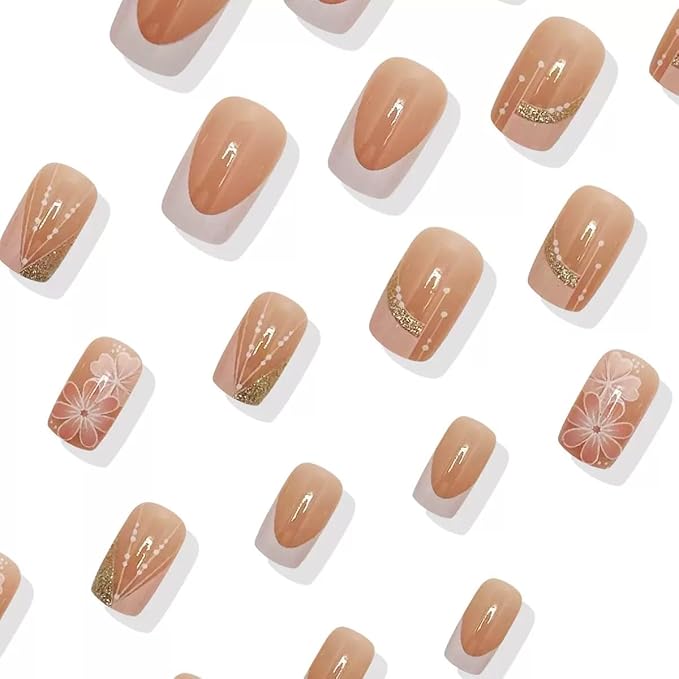 Press on Nails Square - Medium Fake Nails with Flower Design - French Tip, Pink False Nails Press ons - for Women 24 Pcs