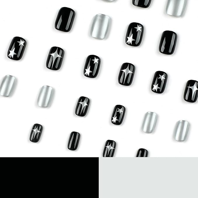 Star Press on Nails Short Square Fake Nails Black Silver False Nails Press ons with Designs Cute Acrylic Nails Full Cover Glue on Nails Artificial Stick on Nails for Women Manicure 24Pcs