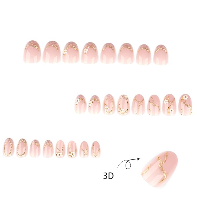 Flower Press on Nails Short Almond Fake Nails Glitter French Tip Nails Press Ons with Gold Line Design Glossy Full Cover Glue on Nail Nude Stick on Nail for Women Decorations Set 24Pcs
