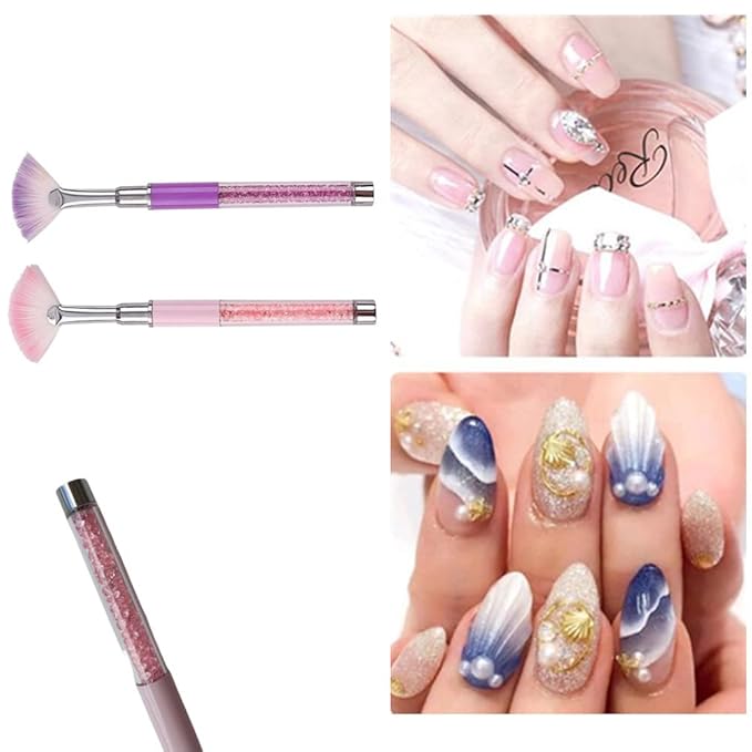 Purple Pink Fan Shape Nail Brush with Rhinestone Handle, Glitter Art Drawing Fan Pen Liner Brush Dust Powder Remover Nail Brush (2 Pack)