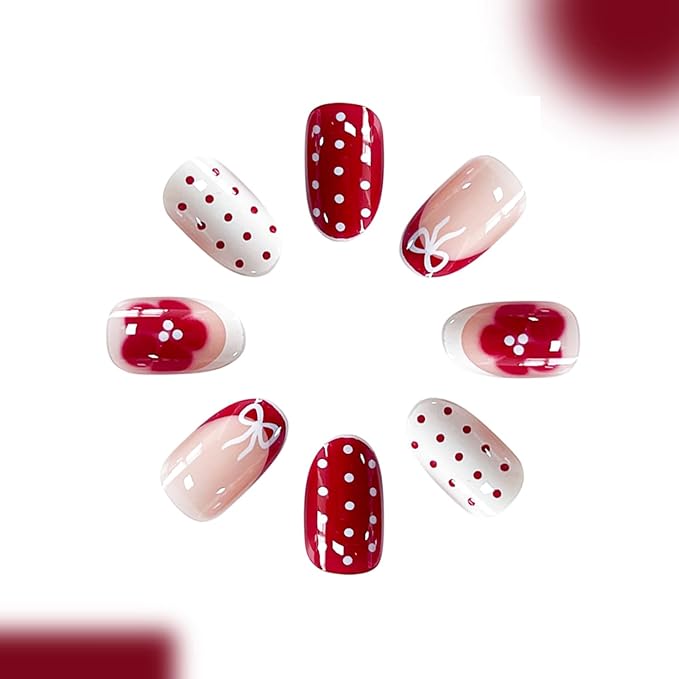Press on Nails Short Oval MABKJLF French Tip Fake Nails Flower False Nails with Polka Dots Floral Designs Pink&White Glossy Glue on Nail Spring Summer Acrylic Nails for Women Girls 24Pcs