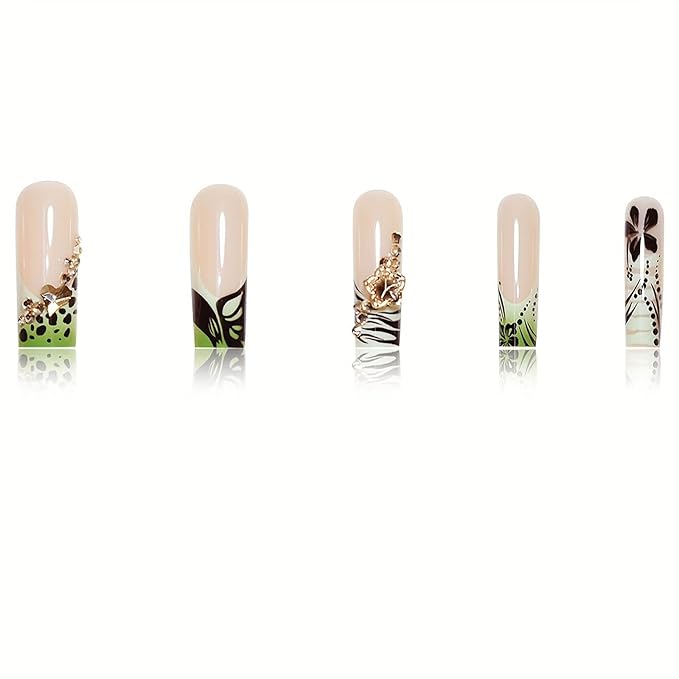 Long Press on Nails Square Green French Tip Fake Nails Nude Glossy Glue on Nail with Rhinestones Designs Acrylic Nails Press ons Long Square False Nails Stick on Nail for Women 24Pcs