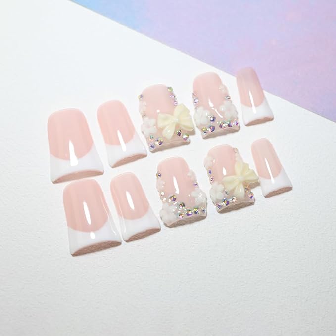 10Pcs Duck-shaped Handmade Press On Nails | French Style with 3D Floral & Rhinestone Decor | Easy to Apply, Remove & Reusable, Salon - Quality (25104, S)