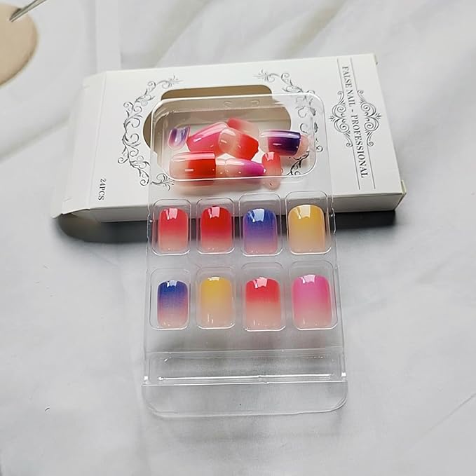 Press on Nails Square Short Fake Nails Short Press ons Nail Tips Artificial Acrylic Kit Full Cover False Nail with Multicolor Gradient Glossy Designs Stick on Nails for Women 24Pcs