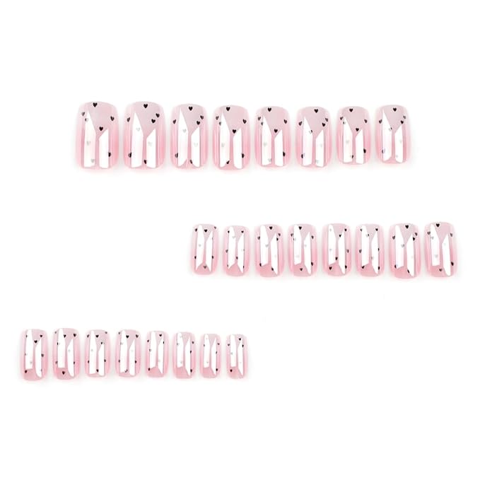 Valentine's Day Press on Nails Medium Square Fake Nails Ombre Chrome Nails Press ons with Black Love Heart Design Full Cover Stick on Nails for Women Manicure,Reusable | Glue Tabs | Easy Apply | 24Pcs