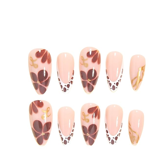 Leopard Print French Tip Press on Nails Medium Almond Fake Nails Brown Flower Nails Press Ons Fall Glossy False Nails Nude Glue on Nail Gold Line Stick on Nail for Women Decoration Set 24Pcs