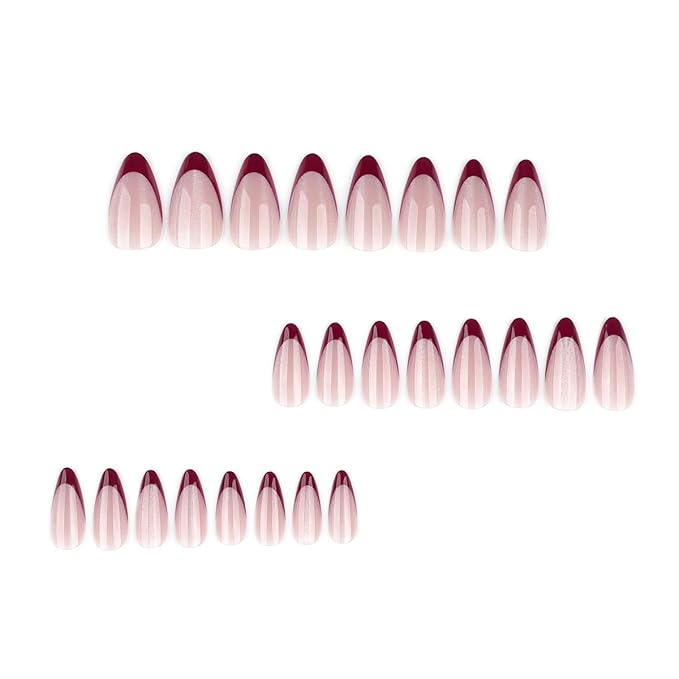 Red French Tip Press on Nails Medium Almond Fake Nails Cat Eye Nails Press ons with Design,Reusable & Easy Apply Full Cover Stick on Nails for Women Valentines Manicure 24Pcs
