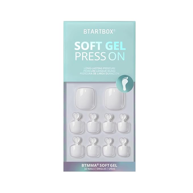 BTArtbox Press on Toenails Short, White Press on Toe Nails Square, Light Weight & Fit Perfectly Glue On Toe nails with Glue, Fake Toenails in 16 Sizes- 32 Toenails Kit, Pure Chic