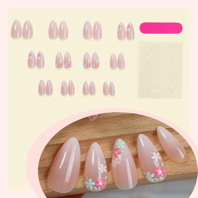 Press on Nails Almond Painted Flowers French Fake French Fake Nails Reusable Nail Kit with Glue Adhesive Tabs Mini Nail File for Women Manicure Nail Art Decoration 24PCS
