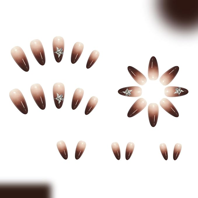 Brown Press on Nails Short Almond Fake Nails Brown Nails White Star False Nails Press ons with Gradient & Rhinestones Design Glossy Acrylic Full Cover Stick on Nail for Women Girls Manicure 24Pcs