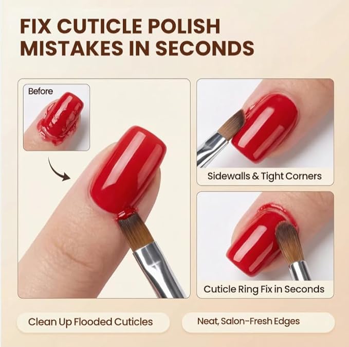 3PCS Nail Art Clean Up Brushes, Round/Angled/flat Acetone Resistant Gel Nail Polish Remover Brush, Nail Brushes for Tidying Up Polish Mishaps on Cuticles, and Nail Art Designs（Wood color）
