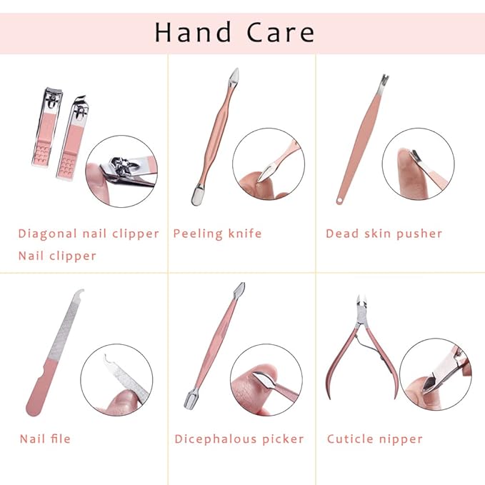 Pink Manicure Set Beauty Tool Portable 12 in 1 - Nail Clipper Pedicure Grooming Kit Stainless Steel Luxury Leather Travel Case, for Woman Girl Home Travel Gift Giving