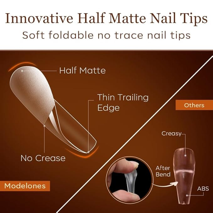 Modelones Long Coffin Nail Tips - 510Pcs Pre-shaped Half Matte Full Cover Fake Nails Gel Tips Acrylic Press on Manicure Extension DIY 15 Sizes