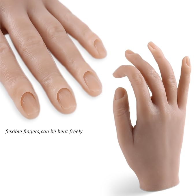 Silicone Practice Hand for Acrylic Nails, Soft Flexible Fake Hand Practice Nail Acrylic Technician Fake Nail Mannequin Hand with 100PCS False Nail Tips, Nail Art Beginner Kit Training Tools