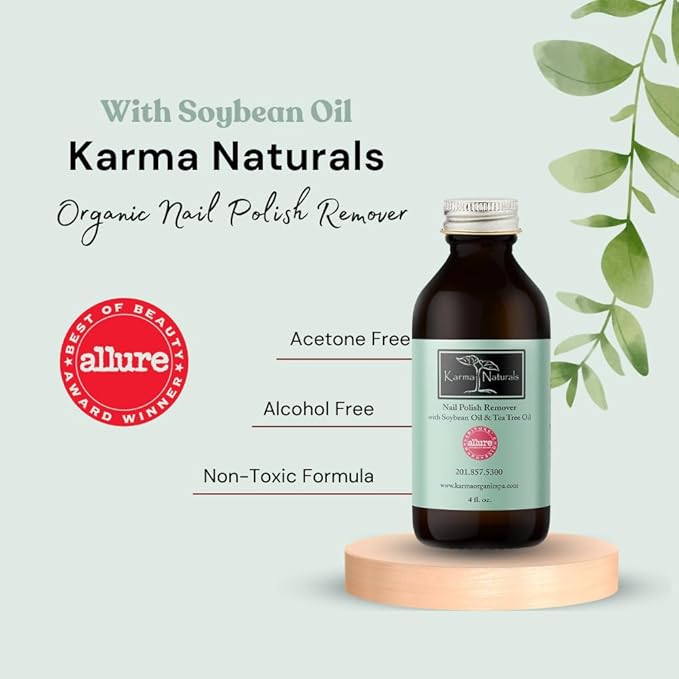 Karma Organic Nail Polish Remover with Soybean Oil and Tea Tree Oil- Non Toxic, Vegan, Cruelty Free, Acetone Free – Nails Strengthener for Fingernails – 12 fl. Oz. (3 Pack)