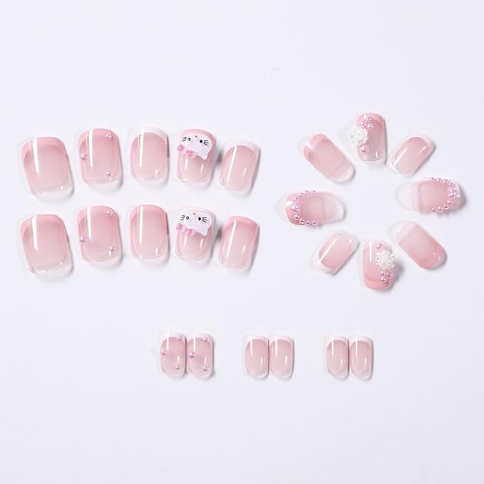 24Pcs Nude Pink French Tip Press on Nails Kit, Fake Nails Extra Short Square with 3D Pearl Designs Cute Cat False Nails French Tip Acrylic Nails Glue on Nails for Women Fashion Fingernails