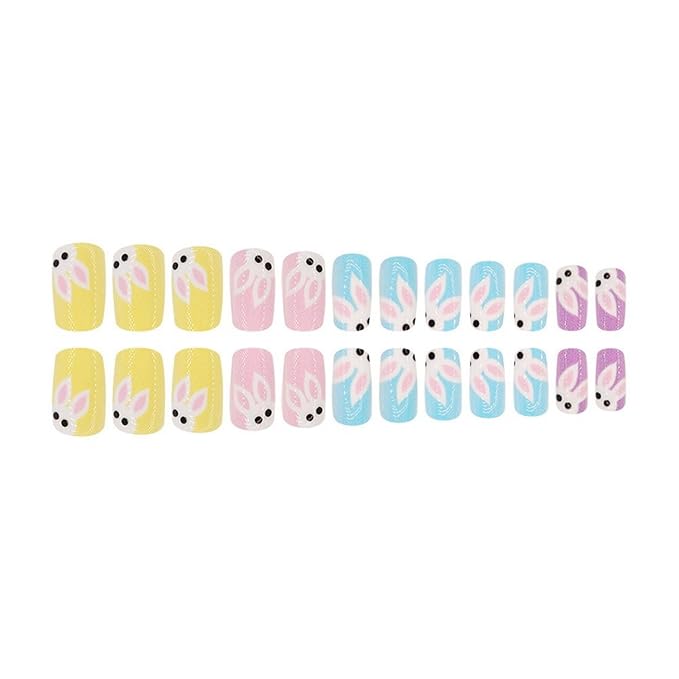 24 Pcs Easter Press on Nails Medium Square Shaped Fake Nails Cute White Bunny Designs Pink Blue Purple Glossy False Nails Easter Rabbit Nail Art Decor Full Cover Acrylic Nails for Women DIY Manicure
