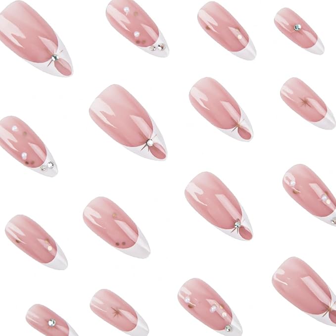 White French Tip Press on Nails Almond - Medium Fake Nails with Starburst Design - Glossy Full Cover Stick on Nails - for Women Manicure 24 Pcs