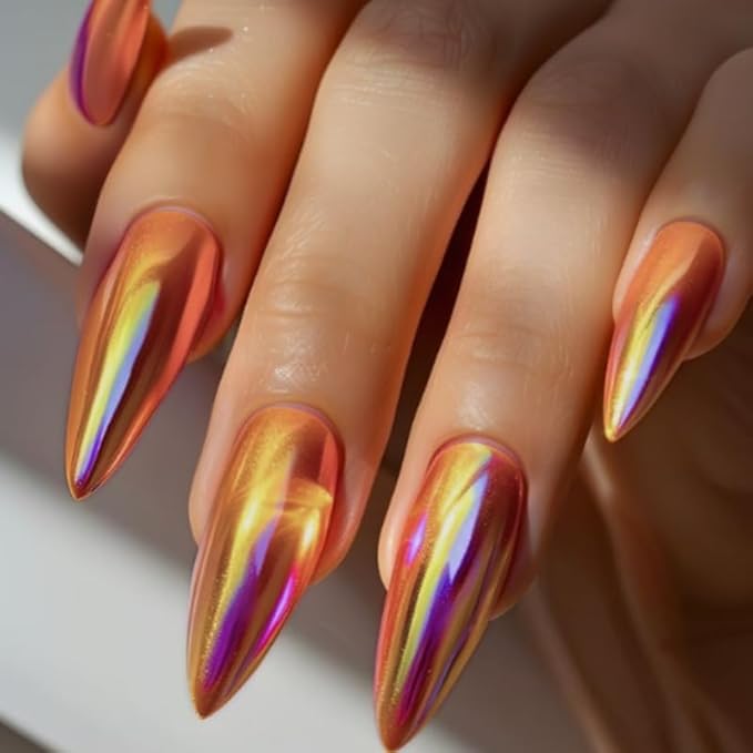 Chrome Press on Nails Almond Fake Nails Metal Mirror False Nails Glossy Medium Acrylic Nail Press ons Full Cover Holographic Shiny Glue on Nails for Women Girls Manicure 24Pcs