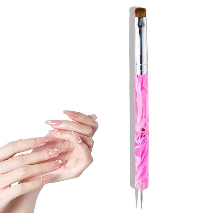 French Manicure Brush - 2 Way Nail Art Brush with Dotting Tool for Cuticle Clean Up & Design - Professional Salon Quality, Nail Dotting Pen (Peach, 12#)