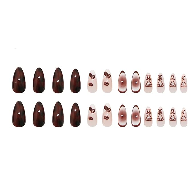 Medium Press on Nails Almond Fake Nails Brown False Nails French Tip Artificial Nails with Charm Designs Ombre Stick on Nails for Women 24pcs