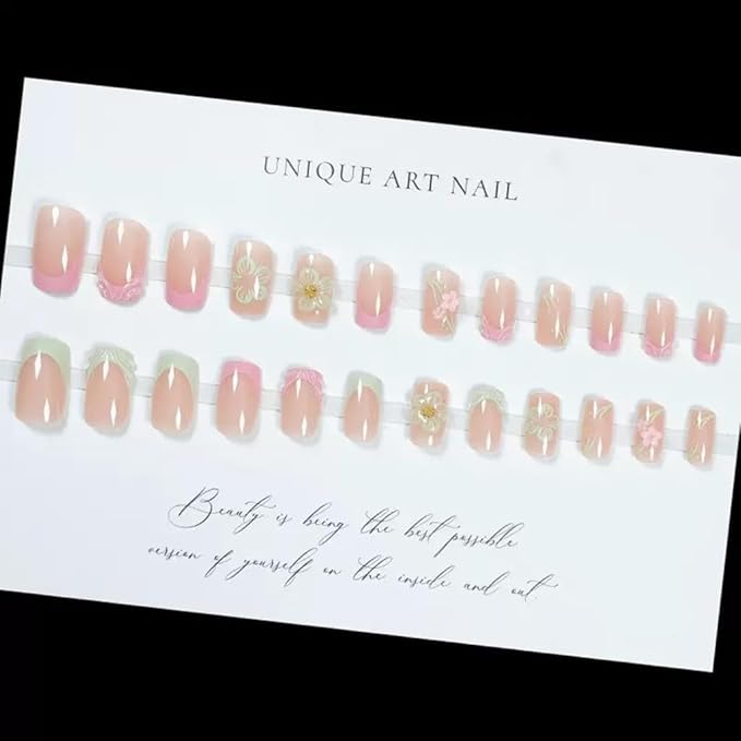 Square Press on Nails - Medium Fake Nails with Flower Design - Green, Pink French Tip False Nails Press ons - for Women 24 Pcs